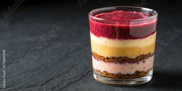Fototapeta Layered dessert in glass with vibrant berry topping and creamy textures, offering rich and inviting treat experience