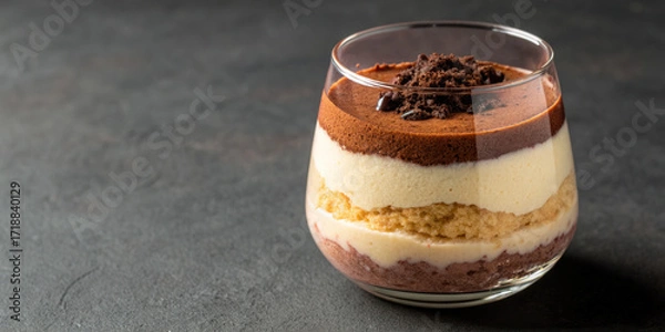 Fototapeta Chocolate layered dessert with creamy and cake textures in glass on dark surface, inviting and rich treat