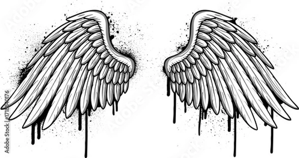 Fototapeta Black and white wings vector graphic in graffiti style. Graffiti wings with splatters, spray paint effects background illustration