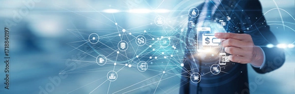 Fototapeta Mobile wallet user holding smartphone Mobile Wallets icon digital payment enabling secure transactions supporting financial inclusion enhancing convenience empowering commerce driving cashless.