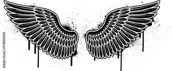 Fototapeta Black and white wings vector graphic in graffiti style. Graffiti wings with splatters, spray paint effects background illustration