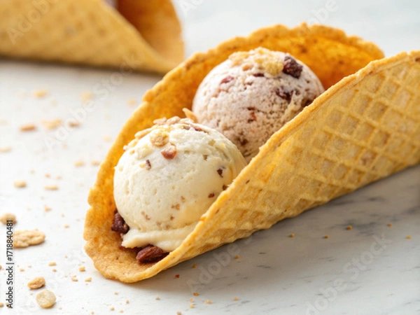 Fototapeta Ice cream scoops with nuts served in waffle taco shell on light surface with scattered granola pieces