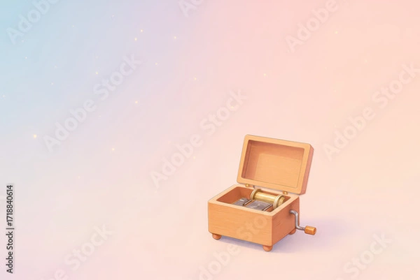 Fototapeta Music box with wooden texture and metal crank handle on soft gradient background with sparkles