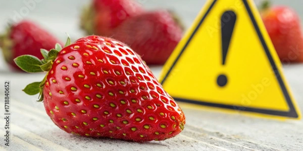 Fototapeta Ripe red strawberry with green leaves near yellow warning triangle sign on wooden surface, fresh fruit with alert symbol