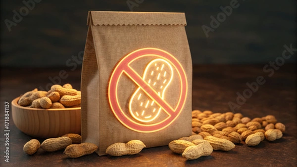 Fototapeta No peanut symbol glowing on brown paper bag with peanut shell on wooden table in dark background