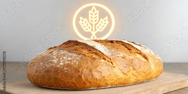 Fototapeta Fresh bread loaf with glowing gluten free warning symbol on wooden board, warm and appetizing bakery product