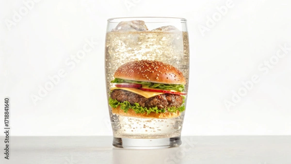 Fototapeta Glass of sparkling soda with holographic burger floating inside, refreshing and vibrant drink concept