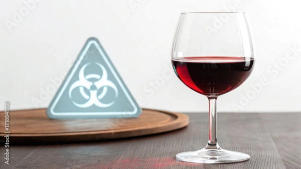 Fototapeta Glass of red wine with sulfite alert icon glowing on wooden table, symbolizing warning and caution in beverage consumption