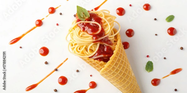 Fototapeta Spaghetti noodle served in waffle cone with tomato sauce and basil leaves, creative food presentation with sauce drops