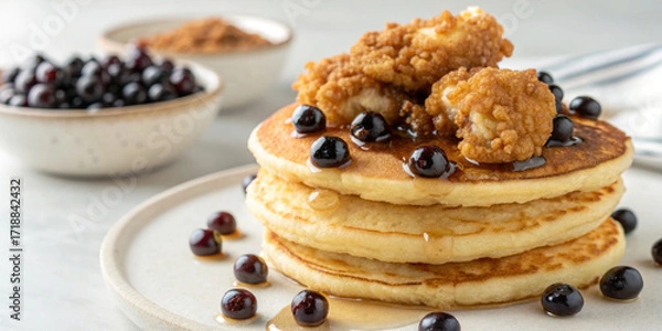 Fototapeta Pancake stack topped with fried chicken and blueberries drizzled with syrup on plate for delicious breakfast