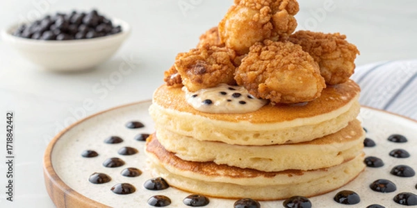 Fototapeta Pancake stack topped with crispy fried chicken and creamy sauce with black tapioca pearls on plate