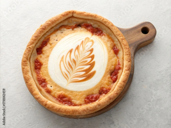 Fototapeta Pizza crust shaped like coffee cup rim filled with melted cheese and tomato sauce with latte art design top, served wooden