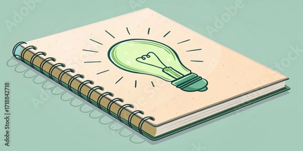 Fototapeta Reusable notebook with glowing green lightbulb drawing on cover, symbolizing creativity and bright ideas