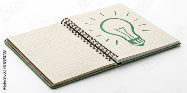 Fototapeta Notebook with green lightbulb drawing on lined pages symbolizing creative idea and inspiration concept