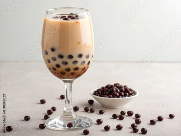 Fototapeta Bubble tea with black tapioca pearls clear glass and extra pearls white bowl light surface, inviting and refreshing drink