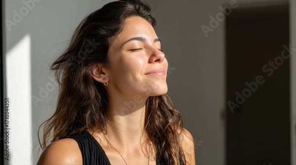 Fototapeta Latin American young woman smiling with closed eyes, basking in sunlight in her minimalistic apartment. 
