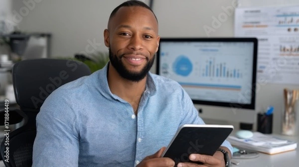 Fototapeta Smiling African-American entrepreneur holding digital tablet, sitting at desk with fintech analytics. 