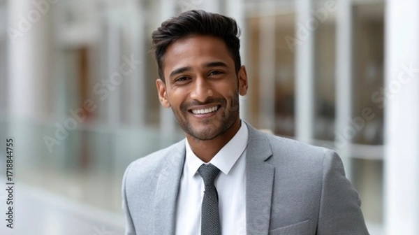 Fototapeta Portrait of a smiling South Asian male lawyer in a professional suit, standing in office. 