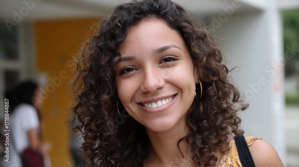 Fototapeta Positive Brazilian student with curly hair, smiling broadly, looking at the camera in a close-up headshot. 