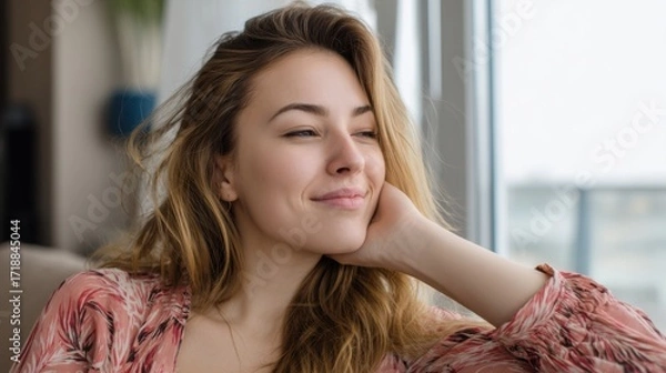 Fototapeta Smiling young lady relaxing at home, feeling at peace while gazing through the window. 