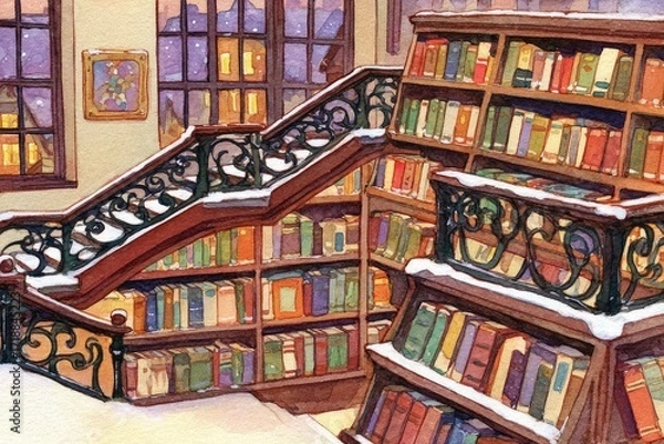 Obraz Snowy library stairs, filled with books, with a city view