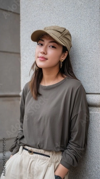 Fototapeta Stylish Asian girl with khaki cap and fashionable clothes, standing against a neutral wall. 
