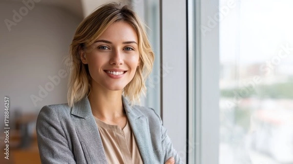 Fototapeta Successful professional lady manager in office environment, cheerful expression, standing near window. 