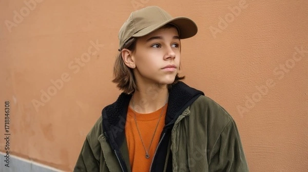 Fototapeta Young fashion model from Generation Z, dressed in trendy clothing and khaki cap, standing in front of a wall. 