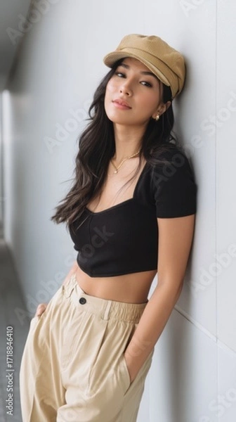 Fototapeta Trendy Gen Z Asian girl in stylish outfit and khaki cap posing against a wall. 