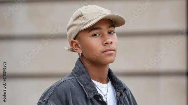 Fototapeta Young fashion model from Generation Z, dressed in trendy clothing and khaki cap, standing in front of a wall. 