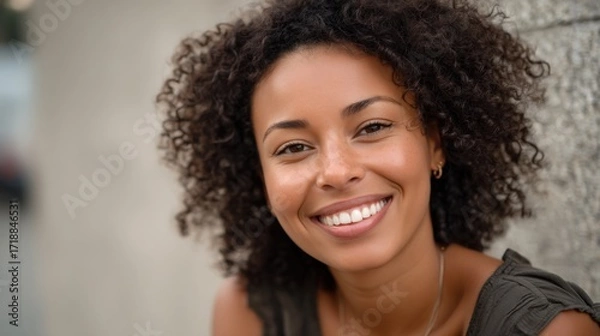 Fototapeta Young African-American woman, cheerful and smiling, with curly hair in a headshot portrait for product advertising.