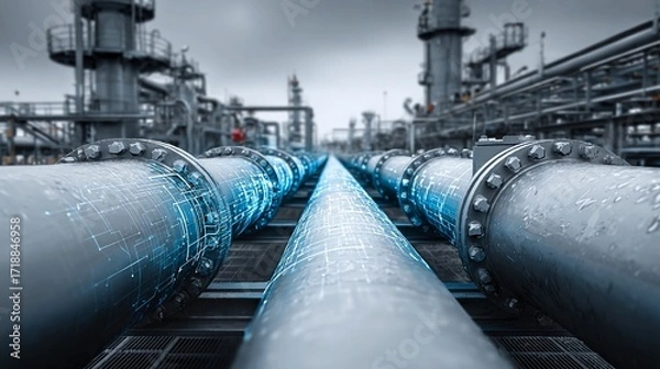 Fototapeta IoT-based pipeline integrity monitors detect vibration, temperature shifts, and leaks, alerting operators instantly and triggering AI-based models to assess the risk of failure or shutdown.