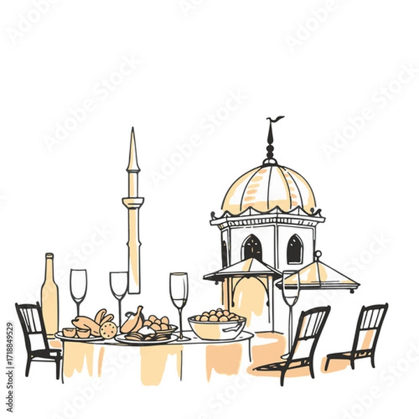 Fototapeta An evocative hand-drawn sketch rendering the classic Vector style silhouette of Turkish fare on a white background, evoking timeless elegance, in a colorful Color sketchnote style.
