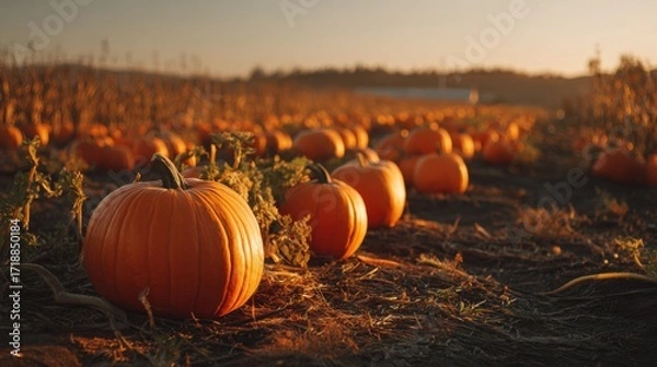 Obraz A Rustic Pumpkin Patch Bathed in Golden Hour Light