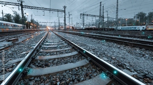 Fototapeta IoT-embedded railway tracks transmit data on vibration, pressure, and weather to central systems, allowing predictive maintenance and real-time safety checks across the network.