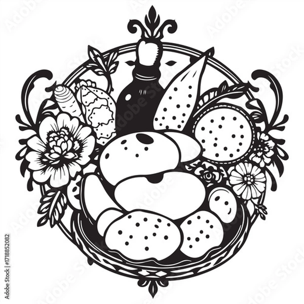 Fototapeta Symbolic traditional tattoo art print, black and white vector silhouette of Turkish food on a white background, timeless and elegant, vibrant colors, retro flair, complex ornamental detailing