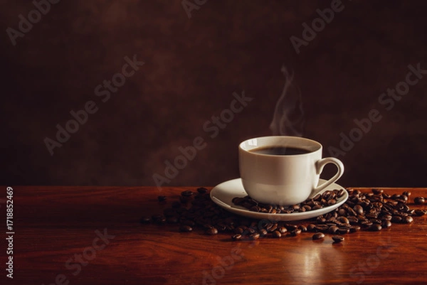 Fototapeta テーブルの上のホットコーヒーとコーヒー豆