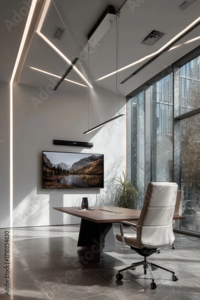 Fototapeta office conference room designed to enhance creativity and productivity featuring virtual meeting participant