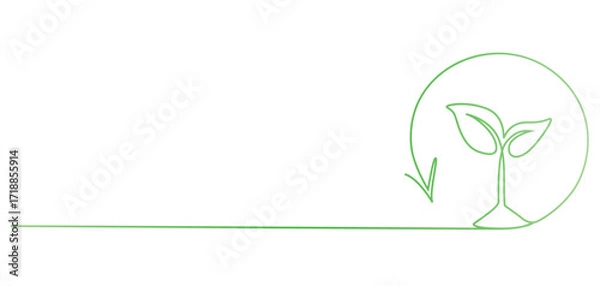 Fototapeta Growing plant leaves with loop arrow in one continuous line drawing. Creative concept of renewable green energy and environmental friendly sources. 