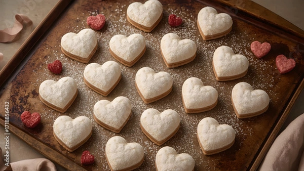 Obraz Heart-shaped cookies dusted with powdered sugar, perfect for Valentine's Day.