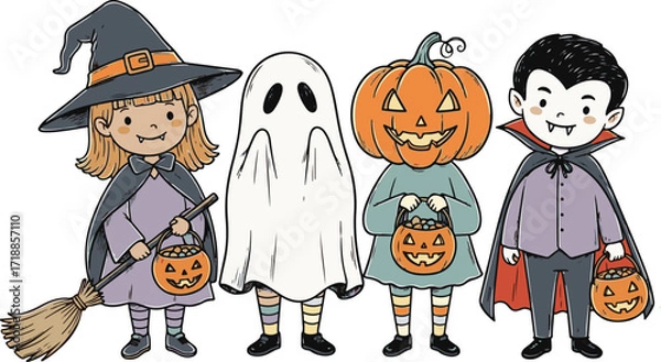 Fototapeta Four diverse happy children in halloween costumes  with jack o lanterns and candy around them hand drawn