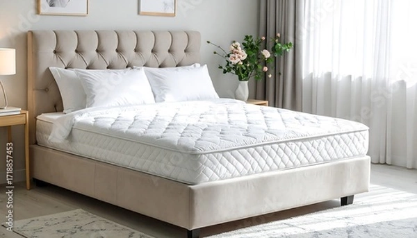 Fototapeta Luxurious bedroom featuring a comfortable bed with plush headboard and bedding