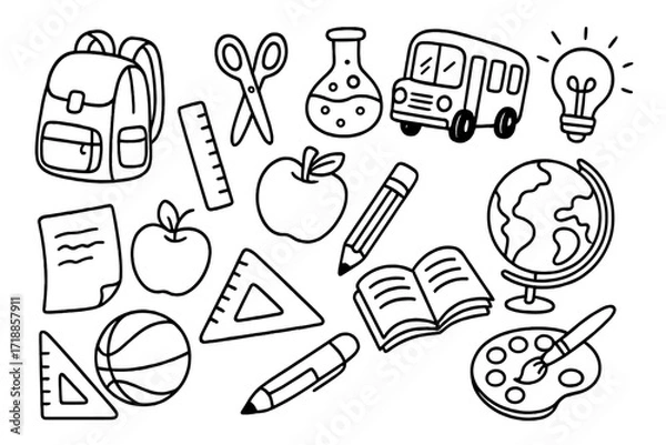 Fototapeta Back to school doodle icon set. Hand drawn vector line art illustrations of education supplies. School bus, book, globe, backpack, pencil and apple on a transparent background.