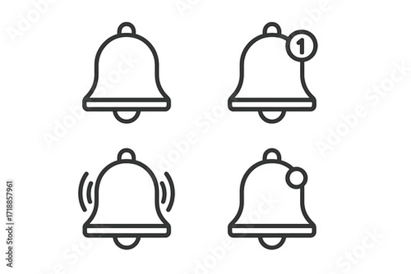 Fototapeta Bell notification line icon set. Vector icons for web and mobile apps. Includes ringing bell, new message alert, and subscribe symbol. Simple outline design with editable stroke.