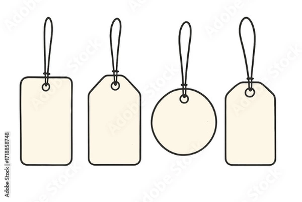 Fototapeta Set of blank dangling paper labels and cloth price tags. Label template collection. Hand drawn vector illustration for ads. Retail sale badge. Empty cardboard hangtag set.