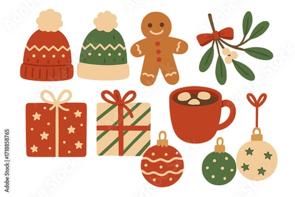 Fototapeta Set of Christmas design elements. Hand-drawn flat vector objects. Knitted hats, gingerbread man, mistletoe, gifts, hot cocoa, baubles. Happy holidays, winter celebration.