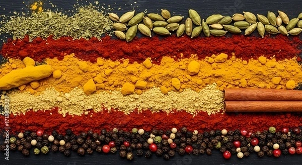 Obraz An assortment of vibrant culinary spices and dried herbs arranged in horizontal lines on a dark surface