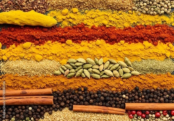 Obraz An assortment of vibrant culinary spices and dried herbs arranged in horizontal lines on a dark surface