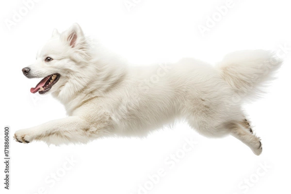 Fototapeta Happy samoyed dog running and jumping isolated on transparent background. Happy excited samoyed dog in running pose isolated on white background.