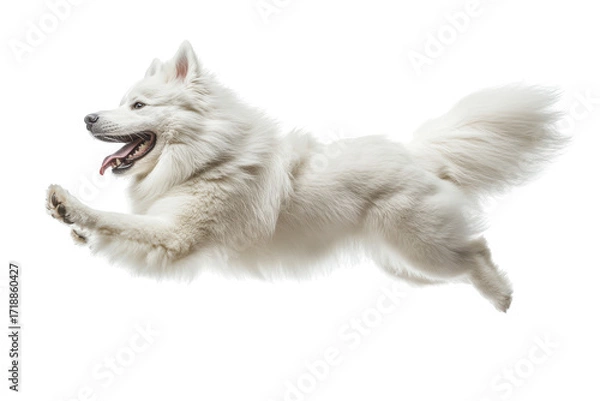 Fototapeta Happy samoyed dog running and jumping isolated on transparent background. Happy excited samoyed dog in running pose isolated on white background.